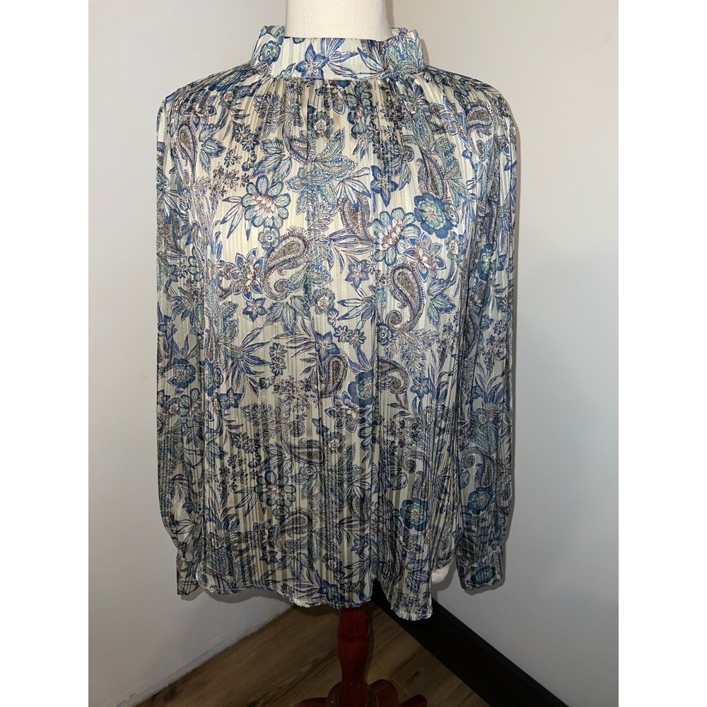 Ophelia Roe XL Blue Paisley Floral Pleated Mock Neck Blouse Metallic Stripe Top‎